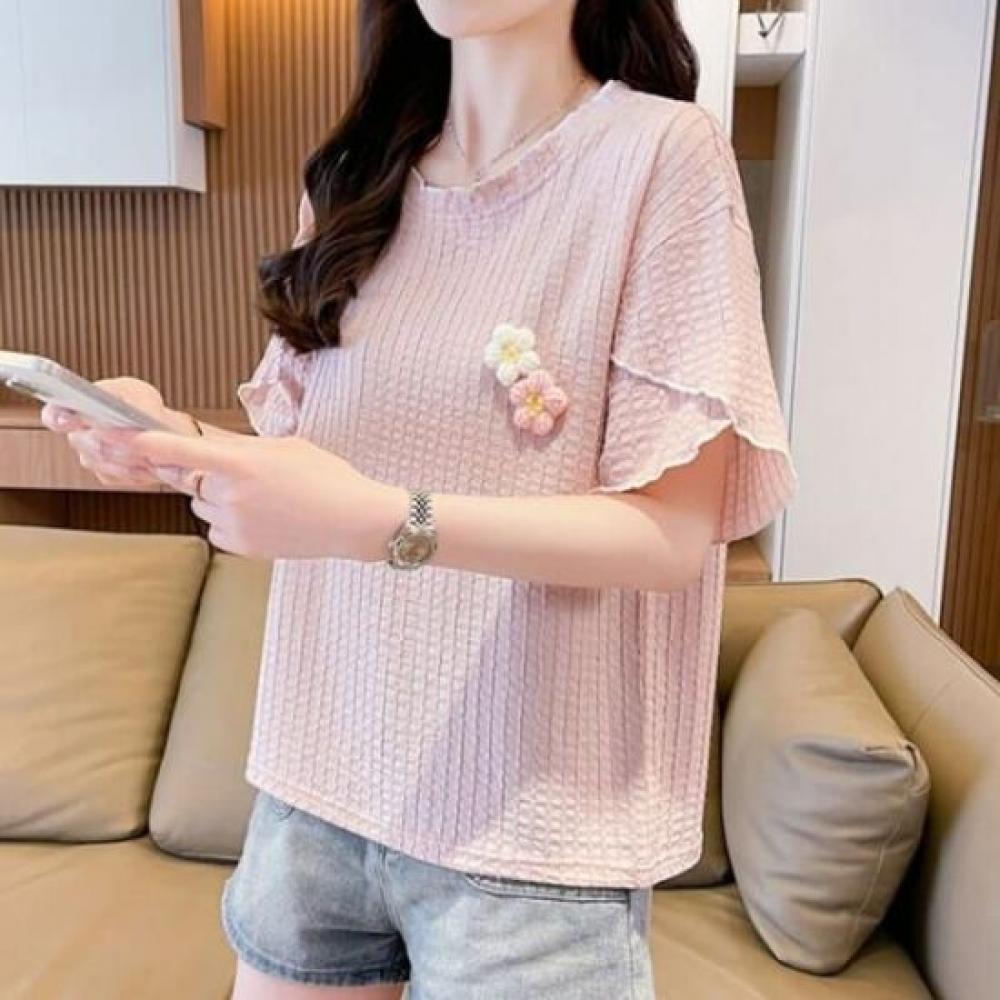 Navava Women Flower PoinT Round Neck ShorT Sleeve T shirT nT2810