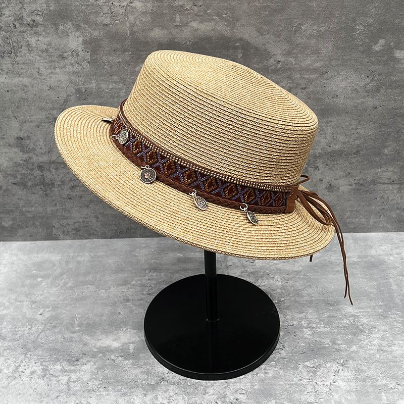 Ethnic Style Short Brim Flat Top Straw Hat Women'S Summer Travel Vacation Bohemian Flat Edge Visor Top Hat