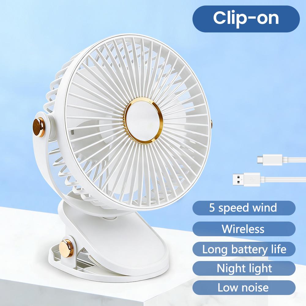 Home Portable Mini Desktop Fan USB Rechargeable Fan 5-Speed Wind and LED Light 360° Rotation 6 Inch Quiet Fan for Bedroom Office