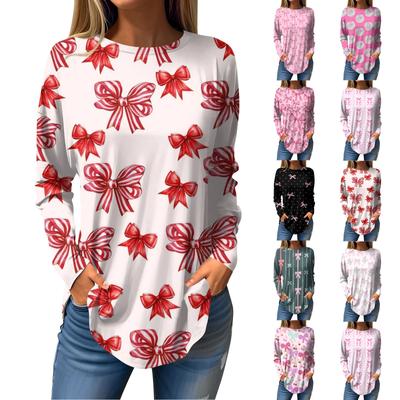 Women's  Loose Casual Bow Printed Round Neck Long Sleeved T Shirt Top Pullover Long Sleeved Sweatshirt