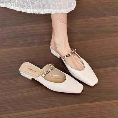 Comemore Square Head Slippers Satin Shallow Mouth Metal Buckle Slip On Women's Shoes Spring Summer Mules Baotou Half Slipper