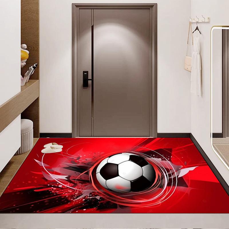 Red Dynamic Soccer Ball Swirl Splash Print Area Rug Football Sports Non Slip Rectangular Floor Mat Gaming Room Football Fan Bedroom Decor Rug