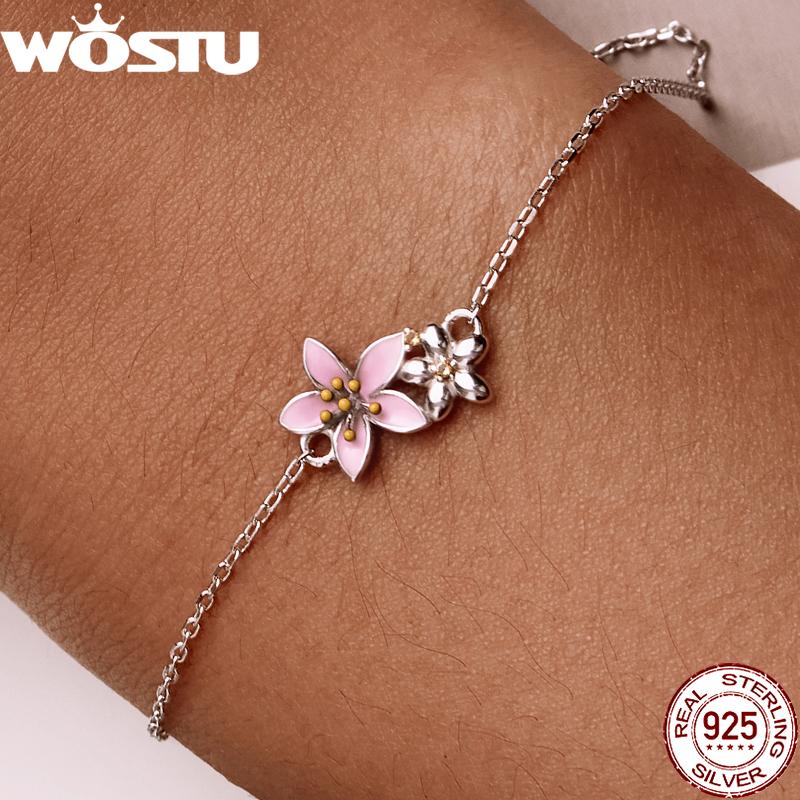 WOSTU Bracelet Original Sakura Rose en Argent Sterling 925 Chaîne Ajustable MINI Maillons Convient aux Pendentifs MINI Bijoux de Mode
