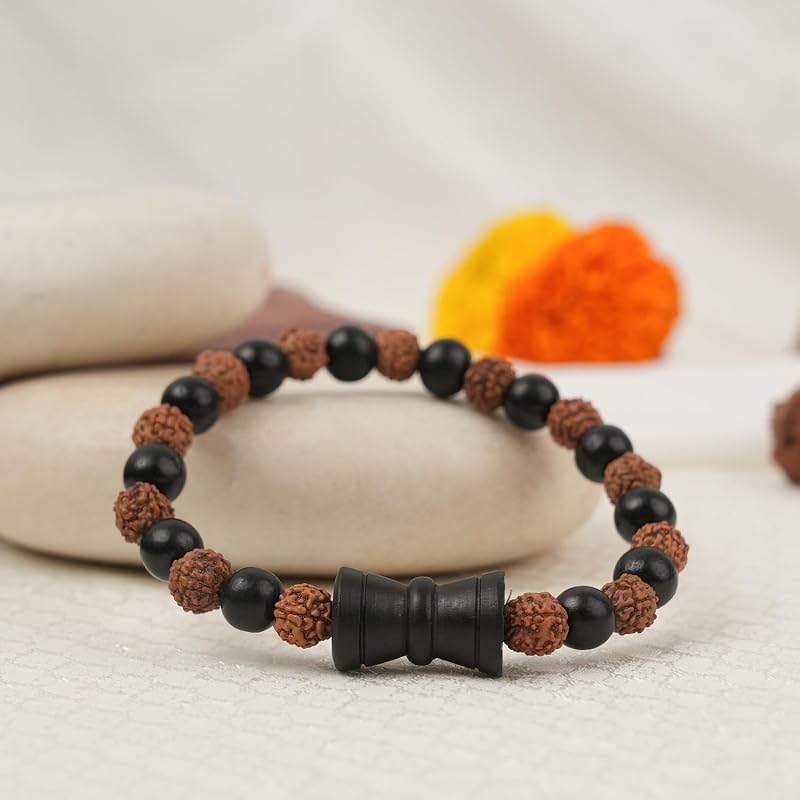 Astrotalk Karungali Rudraksha Damru Bracelet | Original 5 Mukhi Rudraksha and Karungali Beads | Shields From Evil Eye, B