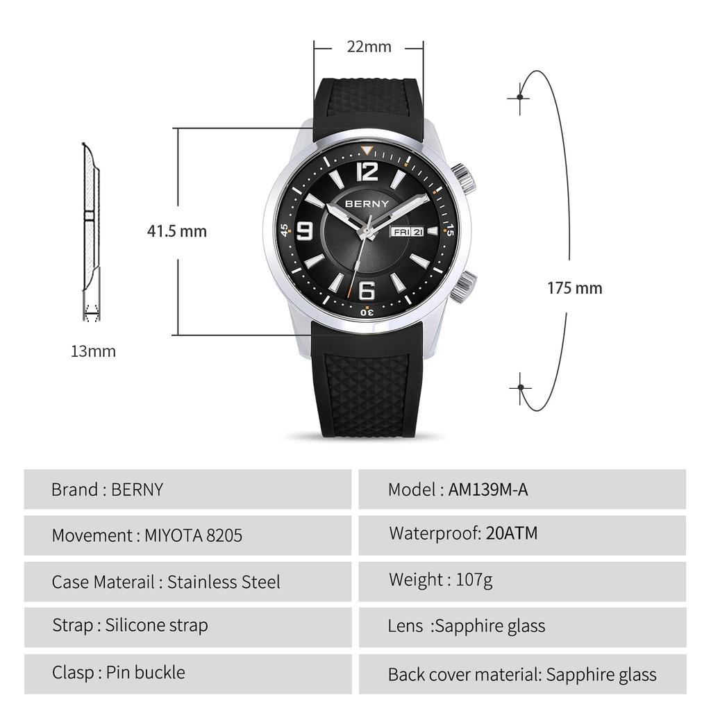 BERNY Watch Watch Dive Watch Automatic Mechanical Watch with Crown 200m Water Resistant HV600 Hardness Sapphire Glass Silicone Band Super Luminous
