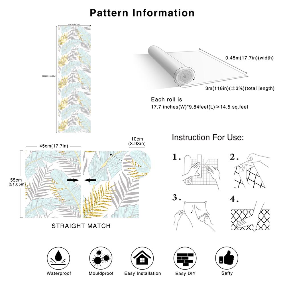 Vinyl Modern Floral Leaves Peel And Stick Wallpaper Self-Adhesive Removable Wall Decor for Bedroom Walls Doors Stairs Cabinets