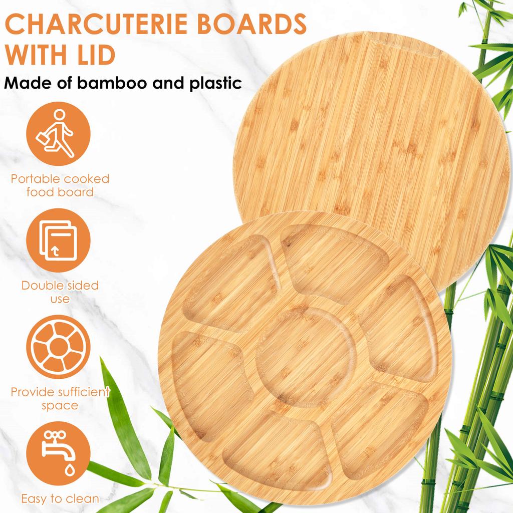 Charcuterie Board with Lid Handle Portable Cheese Boards with 7 Compartments Bamboo Meat Fruit Serving Tray for Kitchen Picnic