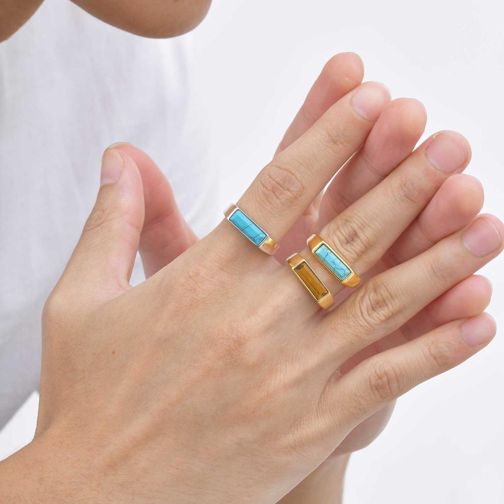 Fashion Natural Stone Signet Ring for Men Women, Gold Plated Stainless Steel Punk Ring, Unisex Finger Jewelry Gift for Him
