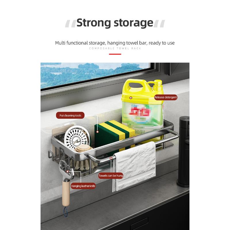 Organizador de accesorios de cocina, soporte para fregadero de cocina, organizador de accesorios de baño, estante de Metal sin perforación, estante de soporte alto