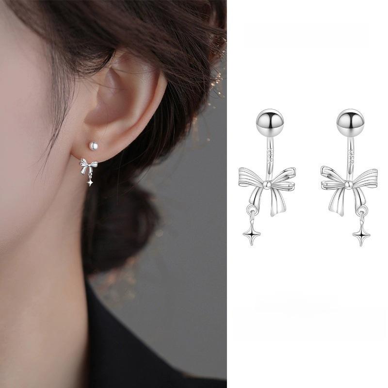 Silver Bowknot Bead Screw Stud Earrings For Women Party Classic Fine Jewelry Light Luxury Accessories