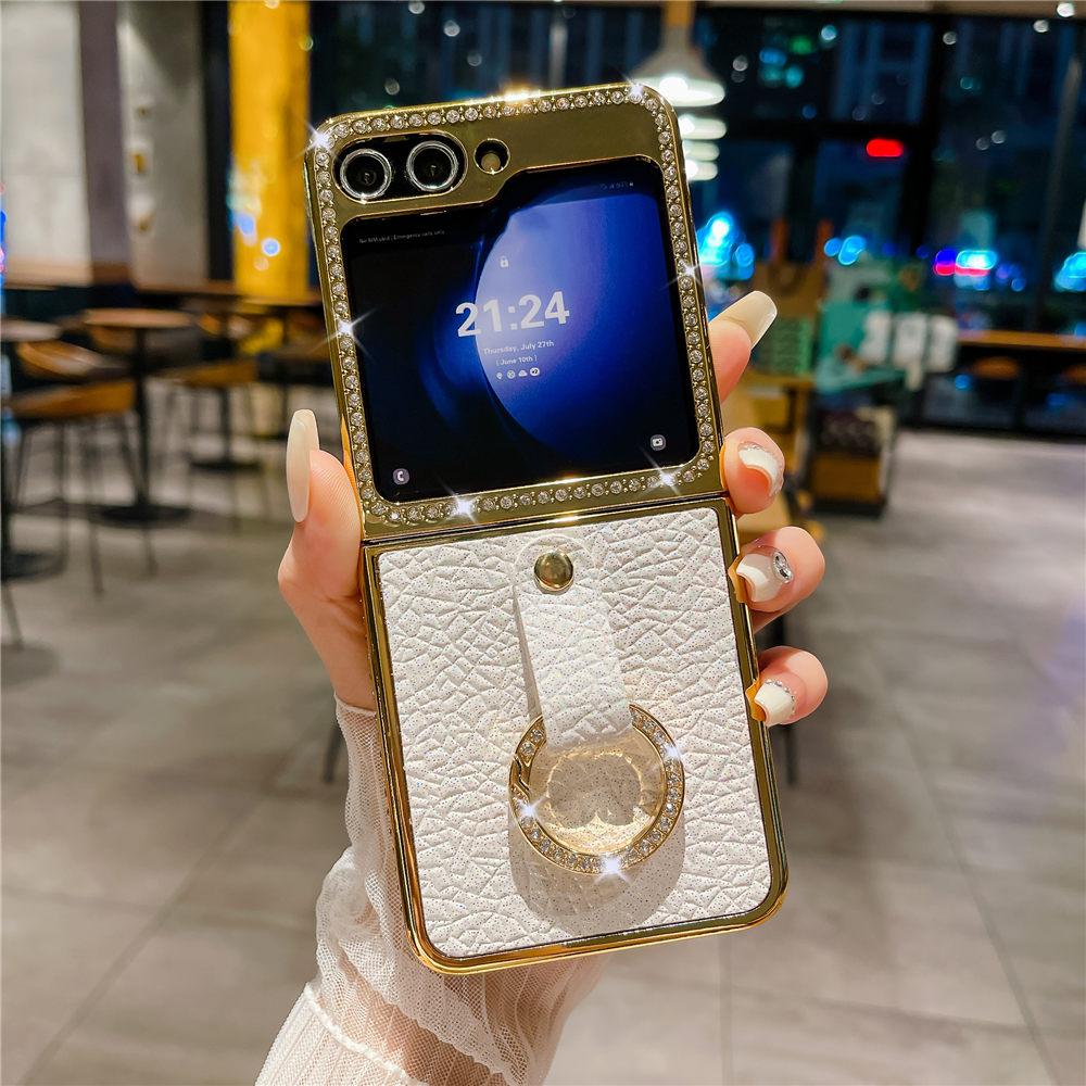 

Шкіряний чохол-кільце з покриттям для Samsung Galaxy Z Flip 7 6 Flip 5 Zflip 4 3 Блискучий діамантовий протиударний чохол Funda For Samsung Z Flip 5 білий