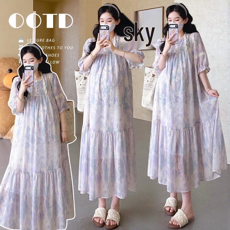 2026 Floral Chiffon High Waist Maternity Dress - Short Sleeve, Fresh Style XL
