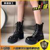 Round Head Thick Heel Lace-up Martin Boots Women's High Heel Waterproof Platform Platform Platform Short Boots Small Retro Soft Leather Boots Women