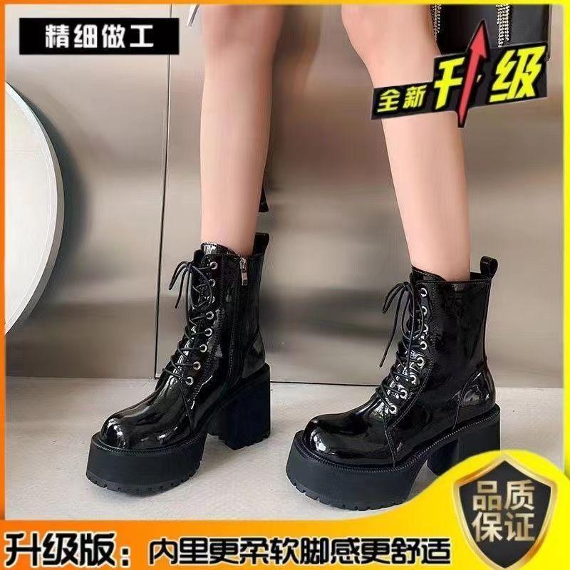 Round Head Thick Heel Lace-up Martin Boots Women's High Heel Waterproof Platform Platform Platform Short Boots Small Retro Soft Leather Boots Women