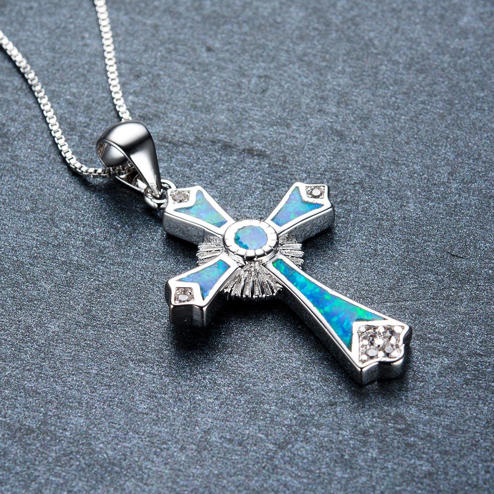 Jewelry European and American Fashion Blue and White Diamond Cross Pendant Necklace