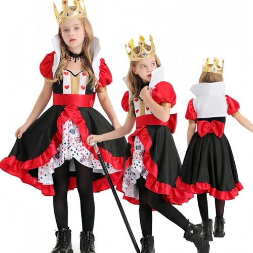 JUNDOMECY Queen of Hearts Cosplay Costume for Kids, Includes Crown and Dress, Perfect for Halloween Costumes, Red Queen Costume, Kids  Costume, Cute R