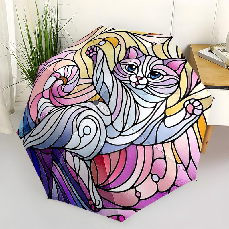1pc Stained Glass Cat Design Automatic Opening Folding Umbrella with 8-Rib Iron Frame, Suitable for Fans, Travel, Daily Use, Outdoor, Festive Gift.SS0