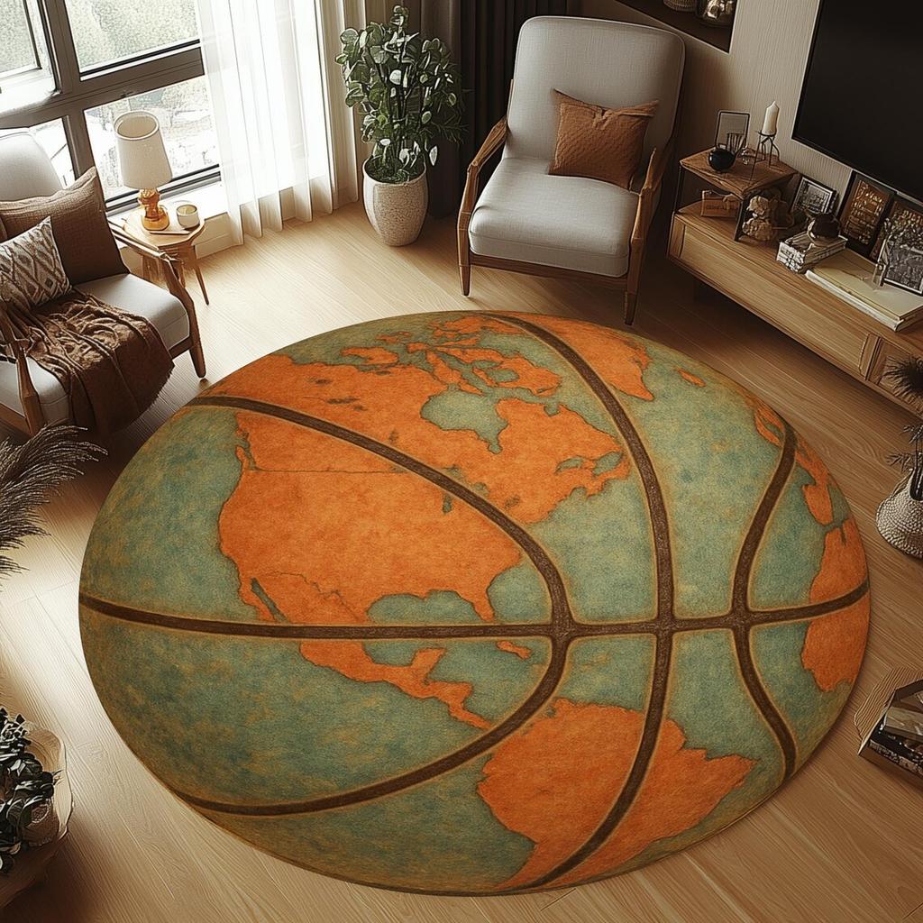 Basketball Ball Teppichdruck Runder Teppich Schlafzimmerteppich Wohnzimmer Rutschfeste Bodenmatte Sofatischteppiche für Heimdekoration Mädchenzimmerteppich