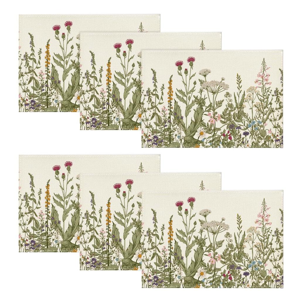 Antique Herbs and Wild Flowers Summer Placemats Set of 4, 12x18 Inch Seasonal Wildflower Spring Table Mats for Party Kitchen Dining Decoration