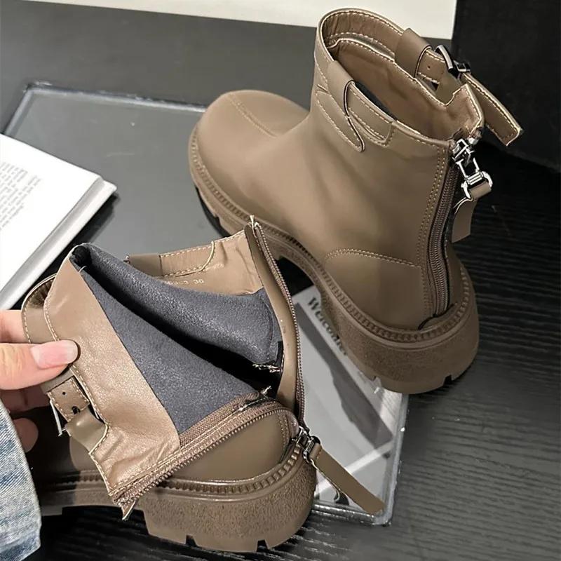 Autumn Winter Chunky Platform Boots Women Soft Leather Stretch Ankle Boots Fashion Belt Buckle Back Zip Design Knight Boots