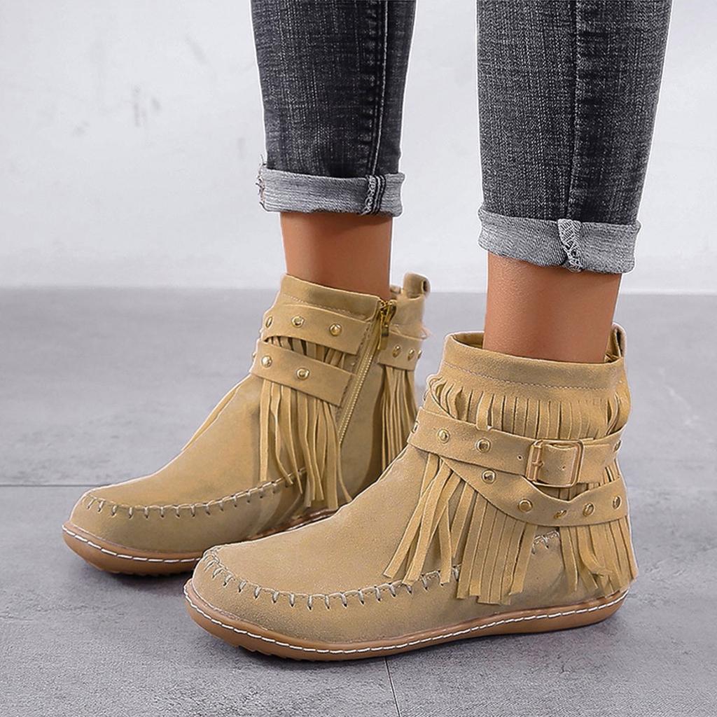 Hot Boots Women Solid Color Retro Toe Round Short Shoes Tassel Zipper Flat Color Booties Women'S Boots With Heel Bottes Femmes