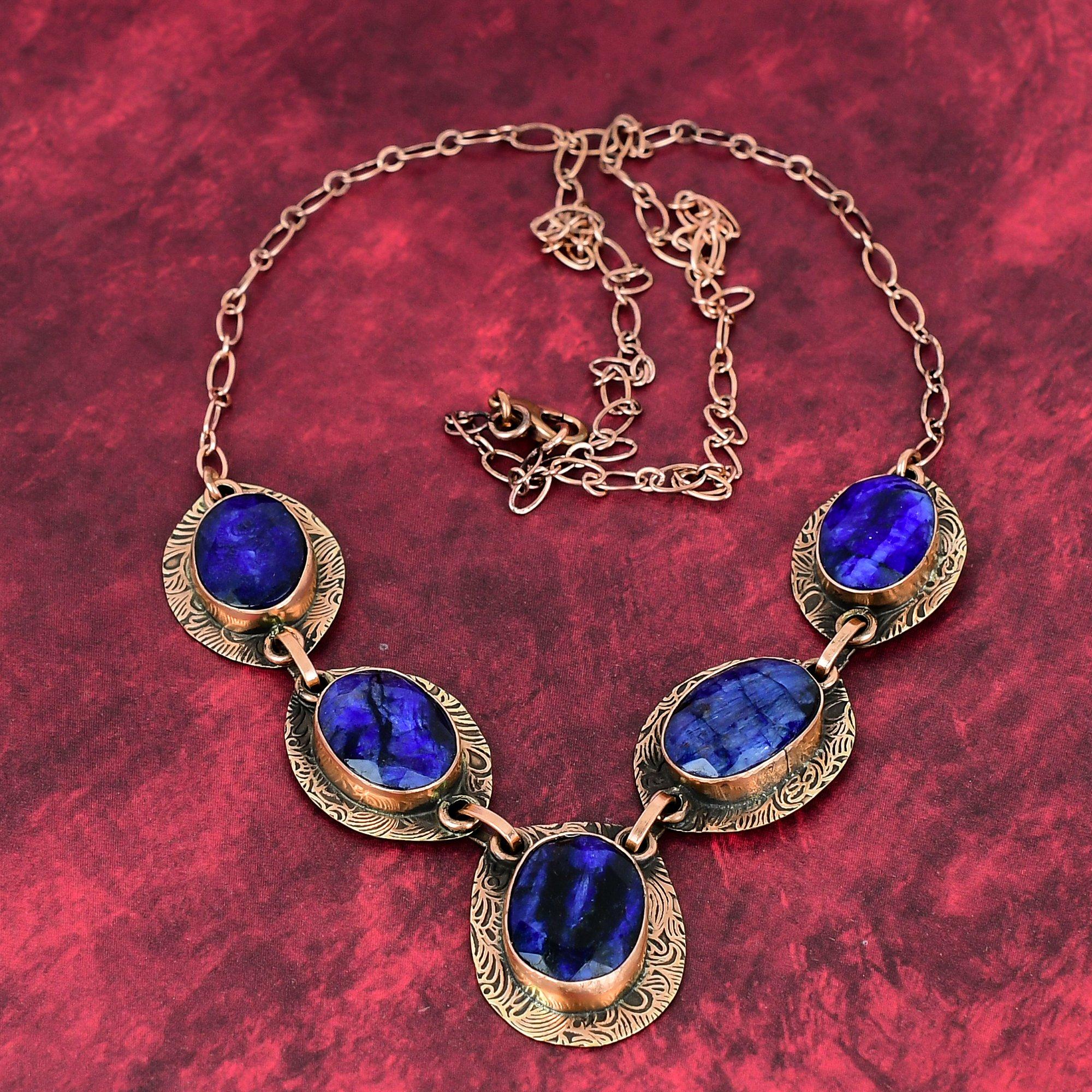 Faceted Blue Sapphire Necklace Copper Necklace Adjustable Chain Necklace Copper Jewelry Handmade Gemstone Necklace Ethnic Jewelry For Gifts Adjustable