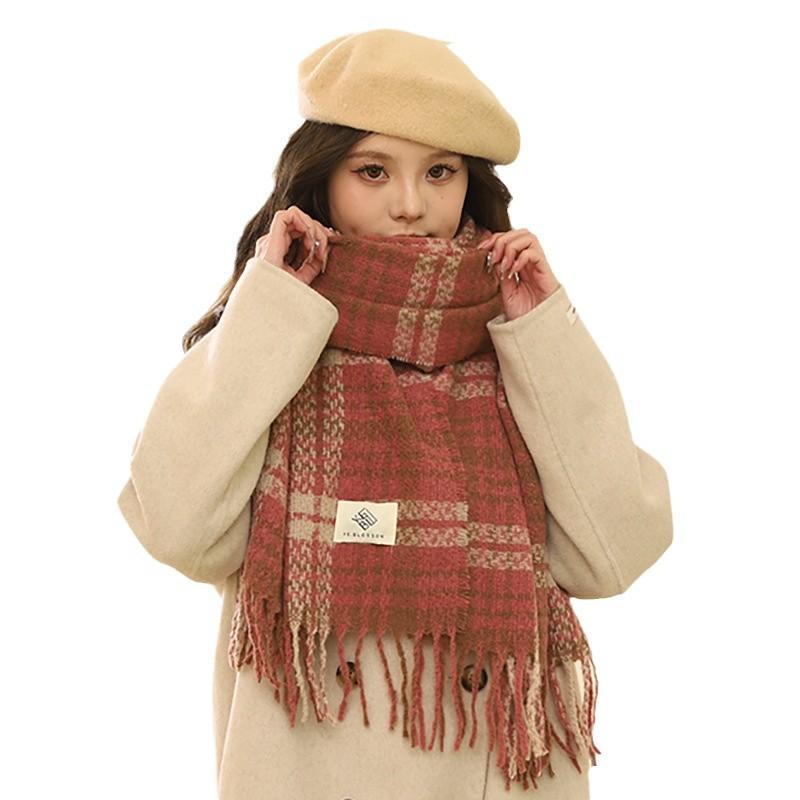 2024 New Winter Imitation Cashmere Checkered Scarf Women'S High End Rose Pink Korean Versatile Retro Warm Scarf
