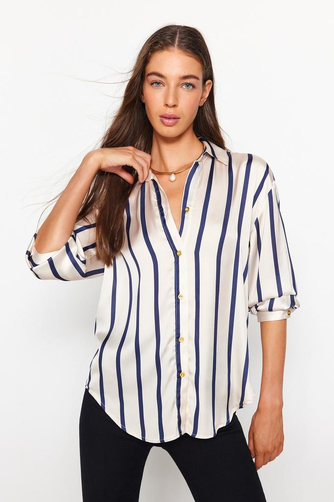 Women's Fashion New Shirt Ecru Striped Satin Woven Shirt