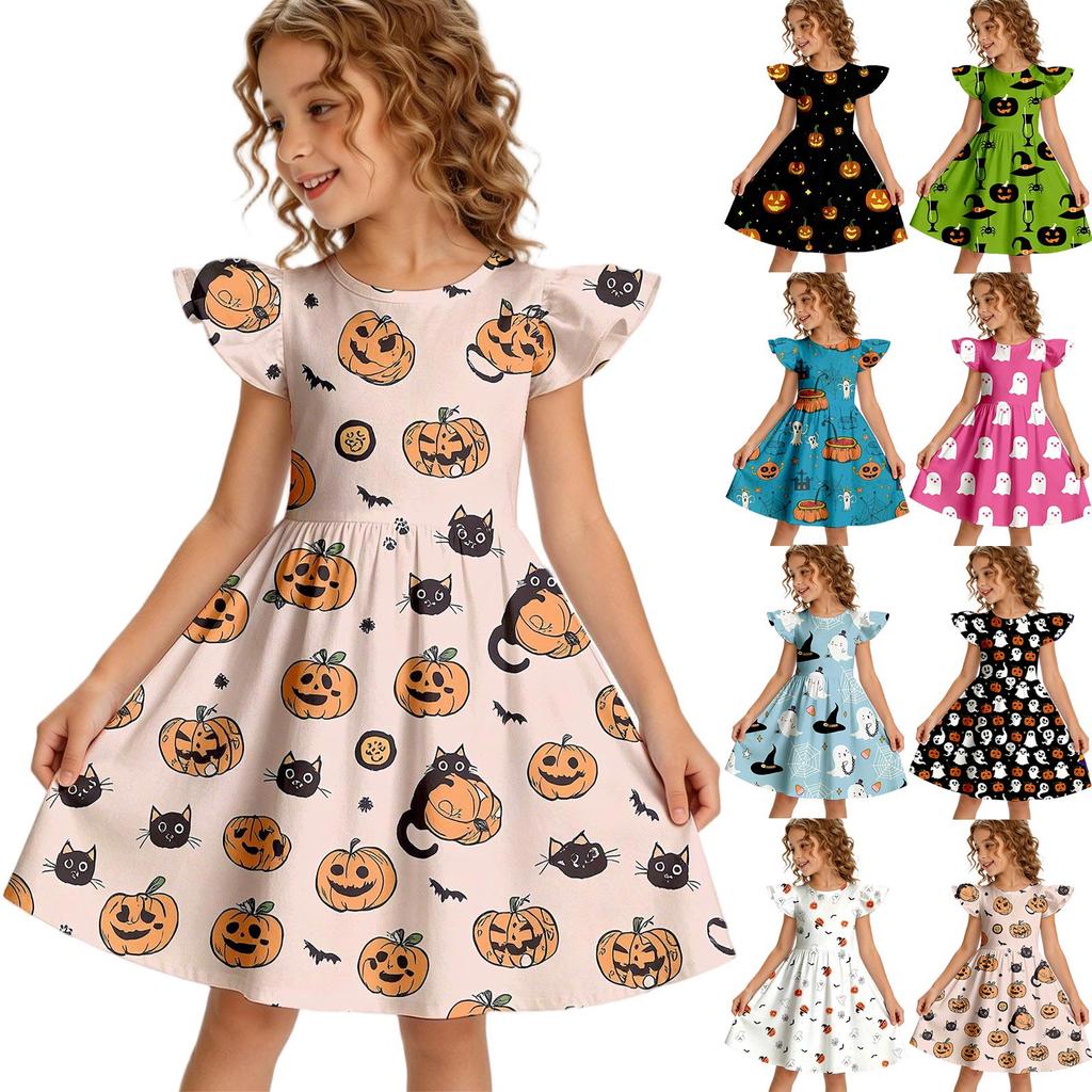 Girls Halloween Casual Dress Ruffle Sleeve Pumpkin Print Round Neck Cotton Dress for Kids Comfortable Fit Toddler Party Dress