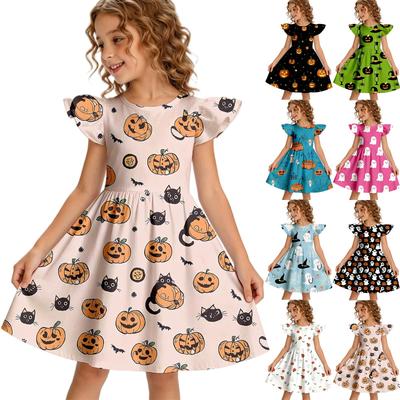 Halloween Freizeitkleid für Mädchen Rüschenärmel Kürbisdruck Rundhalsausschnitt Baumwollkleid für Kinder Bequeme Passform Kleinkind Partykleid