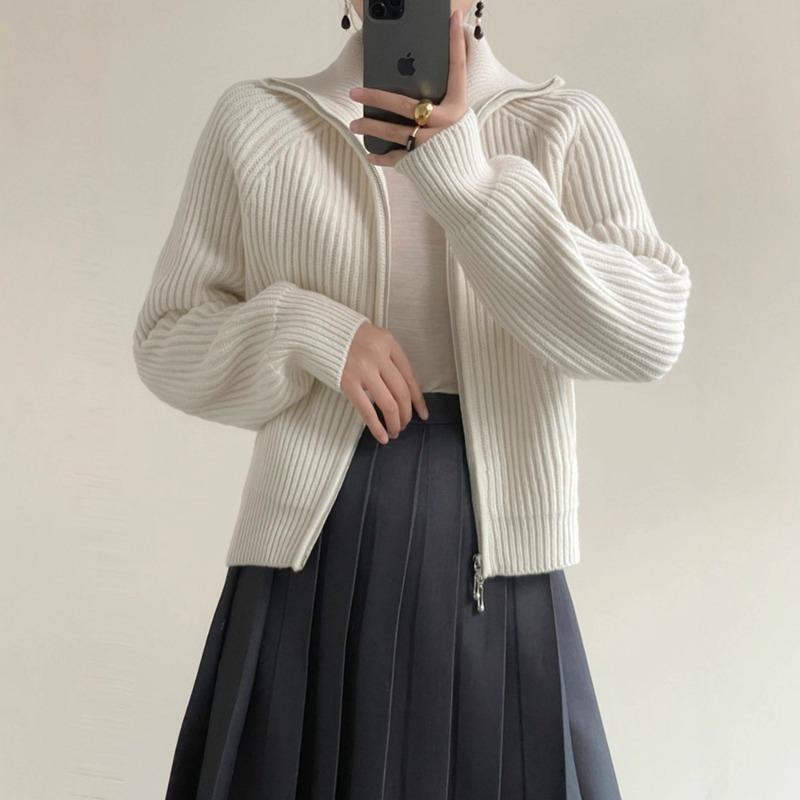 Lapel Double Zipper Sweater Jacket for Women's Autumn and Winter New Gentle Wind Soft Waxy Stand-up Neck Knitted Cardigan Top for Women