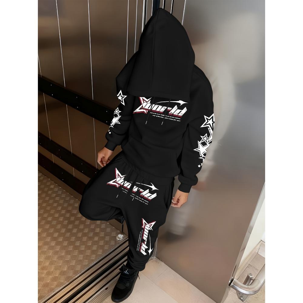 

Fashionable Men s Two Piece Casual Set, Equipped with Printed Drawstring Hoodie and Matching Drawstring Sports Pants, Cool and Trendy Set S чёрный