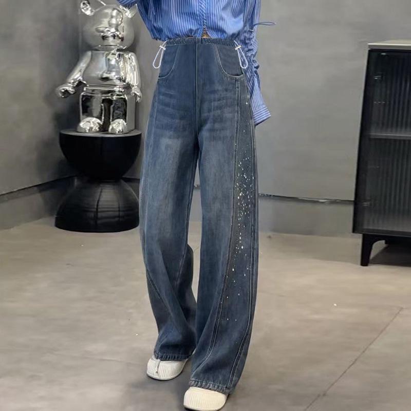 2026 Korean Style Retro Rhinestone Straight-Leg Maternity Jeans Medium