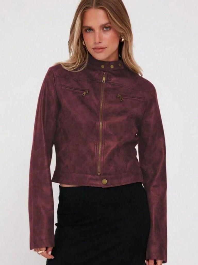 Giacca Moto Corta Vintage da Donna in Ecopelle con Zip e Collo Alto Cappotto Biker Corto Casual