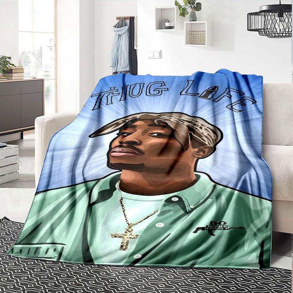 1pc 2PacHip Hop Blanket Soft Lightweight All Season Multi Purpose Throw for Sofa, Bed, Office & Picnics, French Style with Iconic Album Art & Quotes