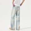 Retro Malowane Jasnoniebieskie Podarte Jeansy Micro-flare Styl Pustkowia Luźne Brudne Spodnie