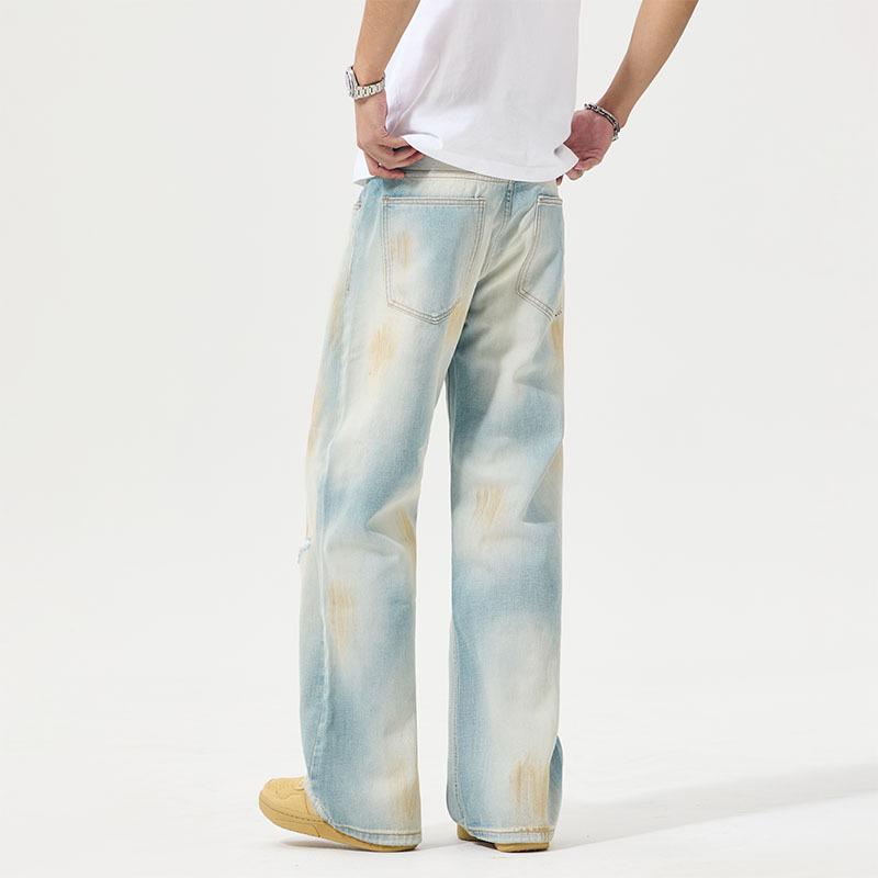 Retro Paint Light Blue Ripped Micro-flare Jeans Wasteland Style Loose Dirty Pants