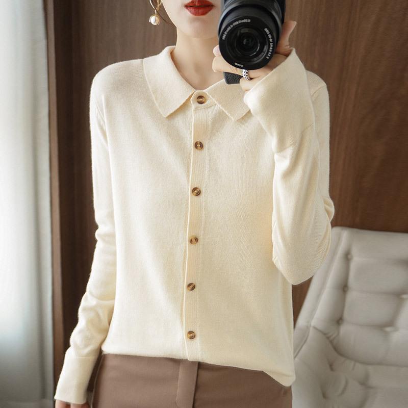 Women's Wool Cardigan with POLO Collar - Long Sleeve Sweater for Spring & Autumn