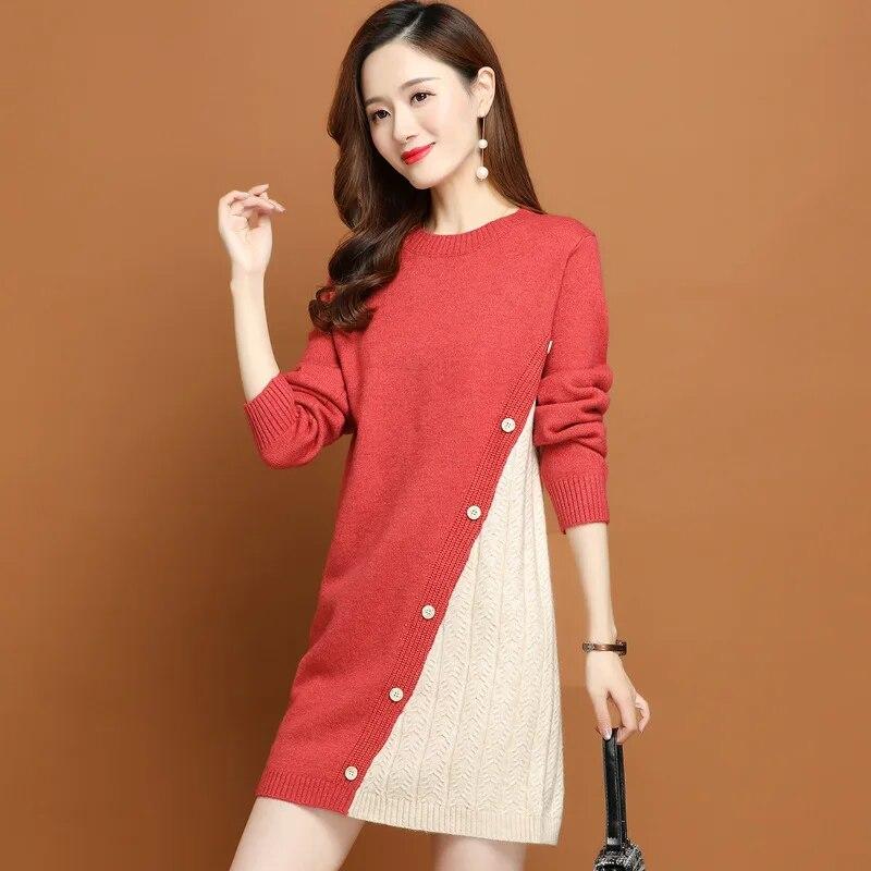 

Жіночий светр Осінь-зима 2023 Новий модний пуловер Верх з нижньою частиною відповідного кольору Трикотаж середньої довжини Трендовий светр-сукня S