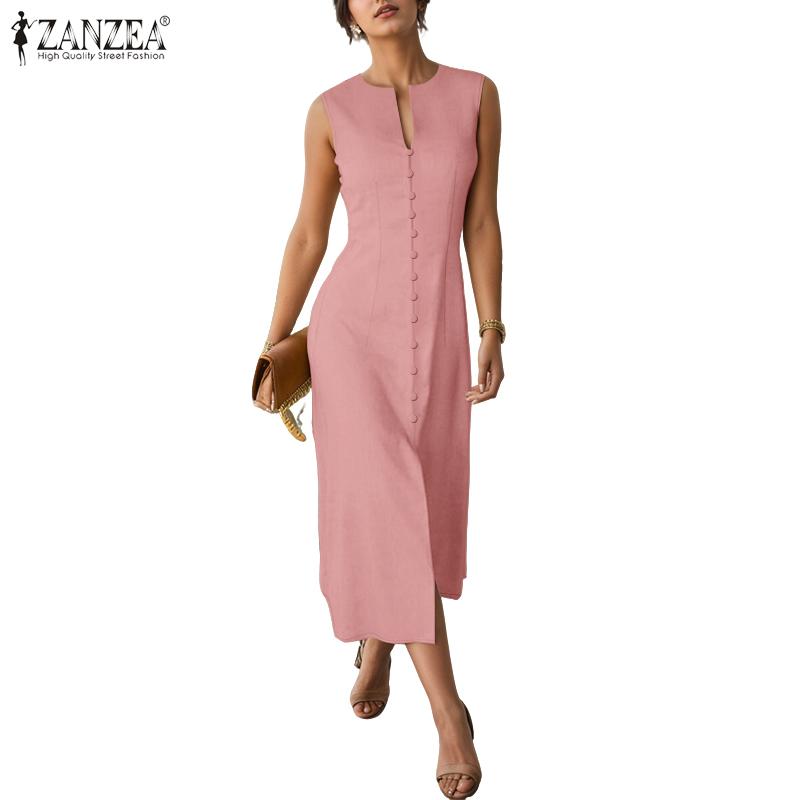 ZANZEA Women Summer Casual Round Neck Sleeveless Plain Dress