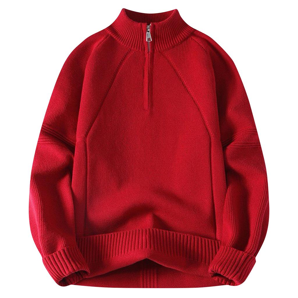 Men's Solid Color Textured Half Zipper Half Turtleneck Thickened Knitted Sweater Casual Loose Pullover Bottoming Sweater