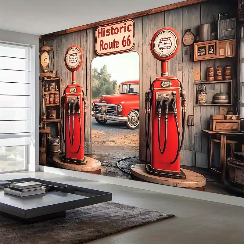 Historic Route 66 Gas Pump Backdrop Retro Gas Station Party Photo Background