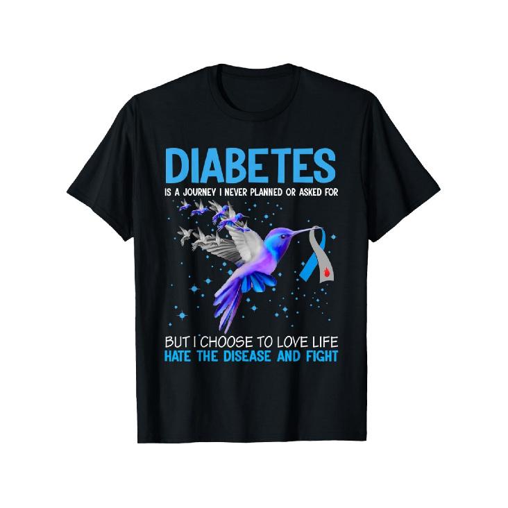 Men'S Diabetes Awareness T-Shirt-Diabetes Is a Journey I Never Planned Bold Blue And Red Letters with Hummingbird And Ribbon Design 180G Heavy