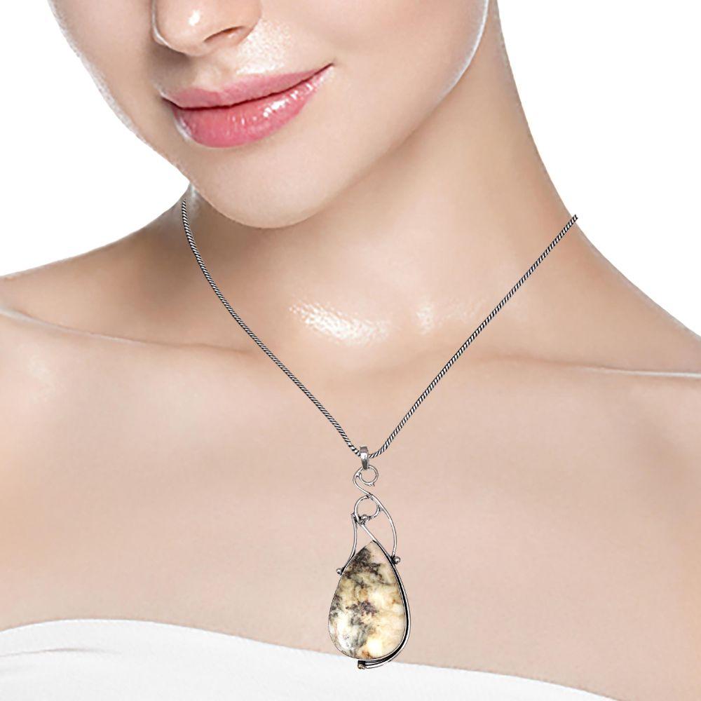 Necklace Howlite Jasper Gemstone Handmade Silver Jewelry 3"