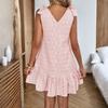 Women's Summer Fashion Color V-neck Bow Strap Button  Sweet Dress