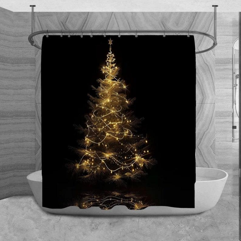 

Black And Gold Christmas Tree Line Art Shower Curtain, Glow In The Dark Holiday Bathroom Decor With Modern Geometric Design W60H190(CM)-1 Pcs