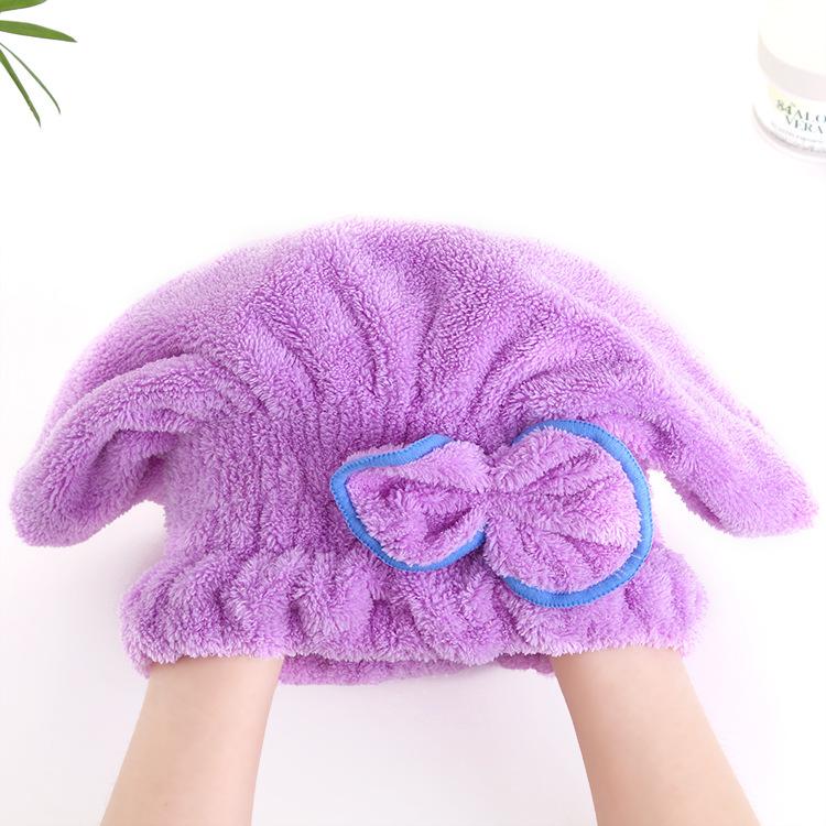 Coral fleece shower cap, adult soft absorbent dry hair towel, thickened quick-drying headtowel, cute bow dry hair cap.