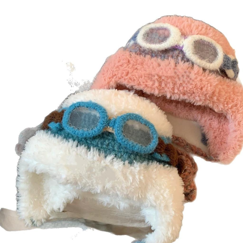 Autumn and winter velvet flying hat warm hat thickened cute glasses flying ear protector Lei Feng hat warm knitted hat