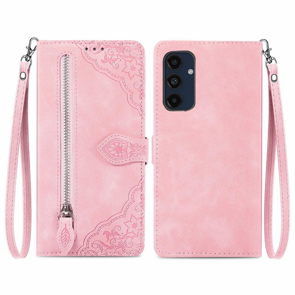 For Samsung Galaxy A16 5G/A16 4G Zipper Wallet Case with Strap Flower Imprint PU Leather Phone Cover