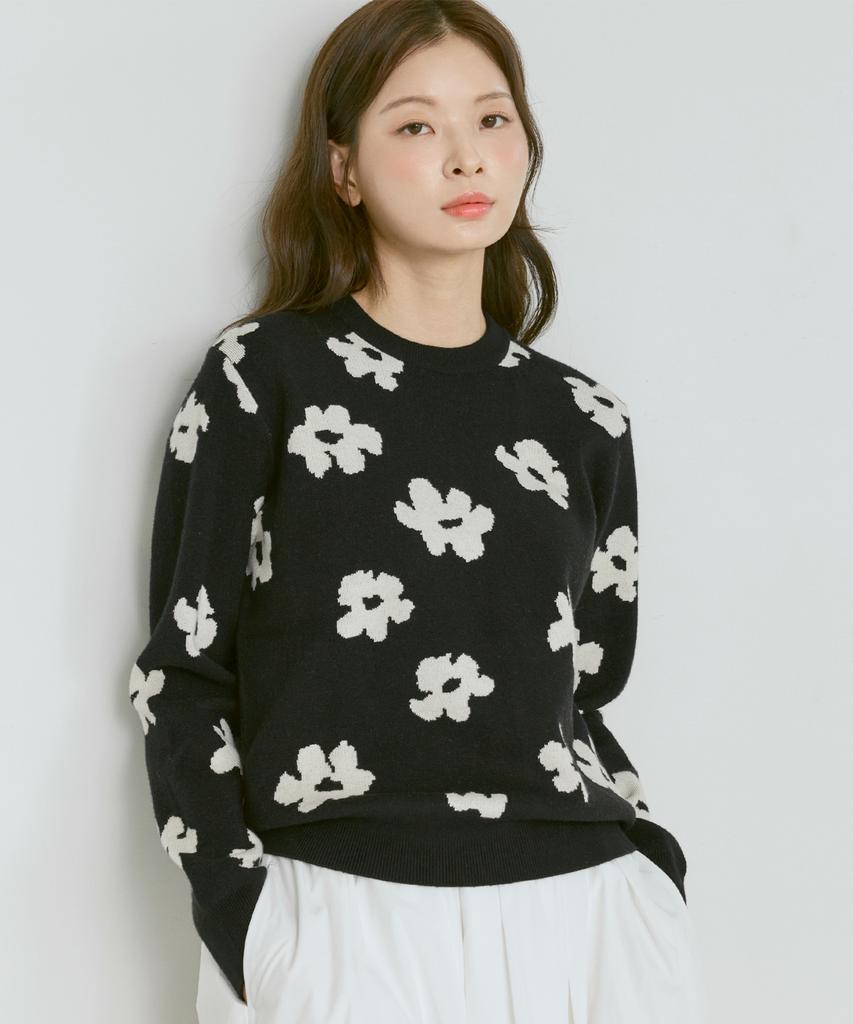 210EDIT Unisex Flower Jacquard Round Knit [Black]_Zg1Sw021